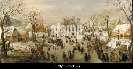 A panoramic Winter landscape with a multitude of figures on a frozen river  painted by the 16th Century Dutch painter Hendrick Avercamp. Avercamp was deaf and mute and was known as 'de Stomme van Kampen' (the mute of Kampen). Stock Photo