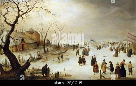 Winter River Landscape with Figures on the Ice (oil on panel)  painted by the 16th Century Dutch painter Hendrick Avercamp. Avercamp was deaf and mute and was known as 'de Stomme van Kampen' (the mute of Kampen). Stock Photo