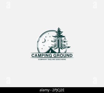 camping ground logo with a pines and moon stars isolated circle background logo design emblem Stock Vector