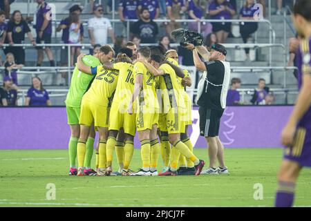 Orlando, Florida, USA, April 1, 2023, Nashville SC players huddle before the opening whistle at Exploria Stadium (Photo Credit: Marty Jean-Louis/Alamy Live News Stock Photo