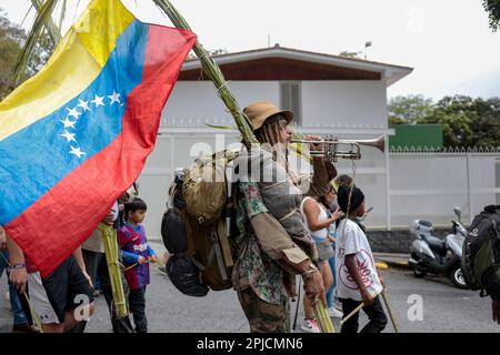 Chacao, Venezuela. 01st Apr, 2023. A man carries the palm trees he previously collected on Cerro El Avila, which are transformed into crosses in Chacao, Caracas, to reenact the biblical passage of Jesus' entry into Jerusalem. The tradition of the Palmeros de Chacao, which is more than 250 years old, is registered in the Unesco register of good conservation practices and is to become a World Heritage Site. Credit: Pedro Rances Mattey/dpa/Alamy Live News Stock Photo