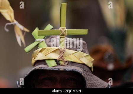 Chacao, Venezuela. 01st Apr, 2023. A man carries small crosses made from palm trees they previously collected on Cerro El Avila and transformed into crosses in Chacao, Caracas, to reenact the biblical passage of Jesus' entry into Jerusalem. The tradition of the Palmeros de Chacao, which is more than 250 years old, is registered in the Unesco register of good conservation practices and is to become a World Heritage Site. Credit: Pedro Rances Mattey/dpa/Alamy Live News Stock Photo