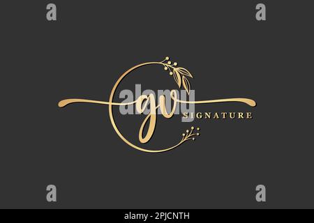 luxury signature initial gv logo design isolated leaf and flower Stock Vector