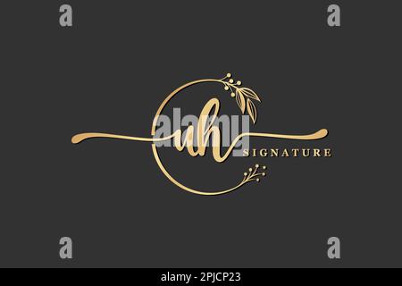 luxury signature initial uh logo design isolated leaf and flower Stock Vector