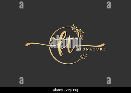 luxury signature initial ft logo design isolated leaf and flower Stock Vector