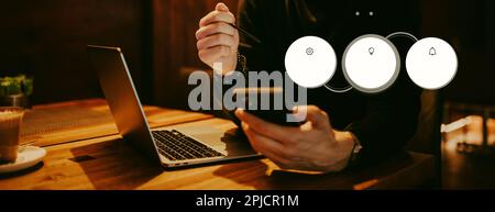 Big data management, digital technology, software development concept. Computer programmer, software engineer programming on laptop, data processing Stock Photo