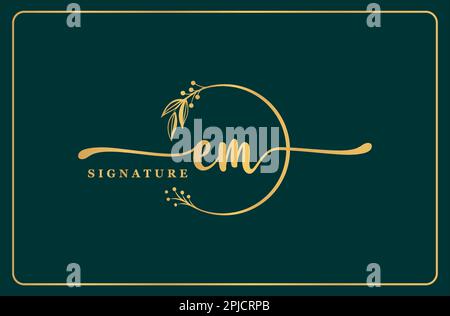 luxury gold signature initial Em logo design isolated leaf and flower Stock Vector