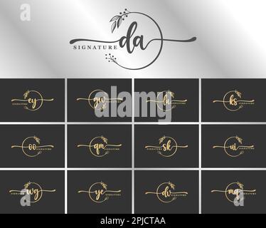 bundle set of luxury signature of two letters logo design isolated leaf and flower Stock Vector