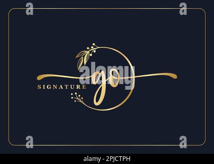 luxury gold signature initial Go logo design isolated leaf and flower Stock Vector