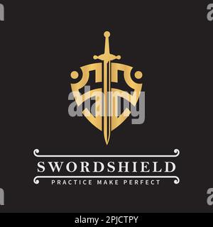 Initial Letter SS Shield shape and sword logo template in gold color Stock Vector