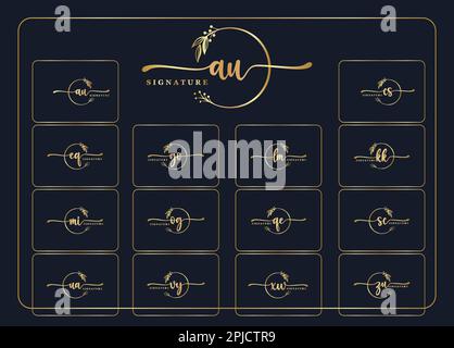 set of luxury gold signature logo design isolated leaf and flower , Stock Vector