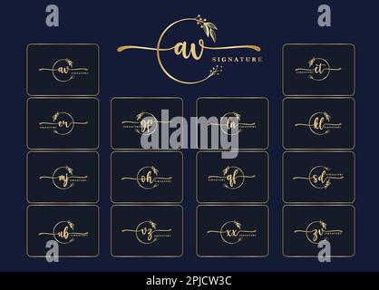 set of luxury gold signature logo design isolated leaf and flower Stock Vector