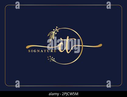 luxury gold signature initial CT logo design isolated leaf and flower Stock Vector