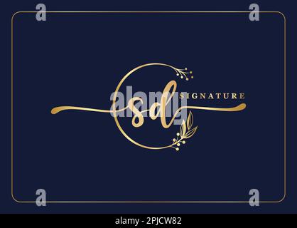 luxury gold signature initial SD logo design isolated leaf and flower Stock Vector