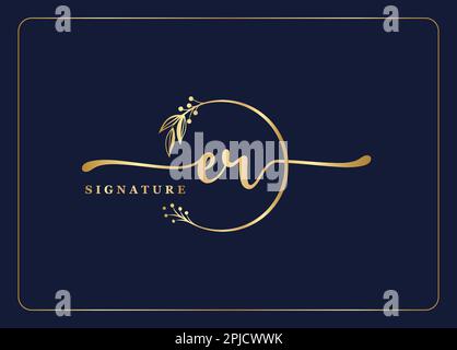 luxury gold signature initial ER logo design isolated leaf and flower Stock Vector