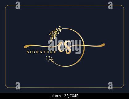 luxury gold signature initial Cs logo design isolated leaf and flower Stock Vector