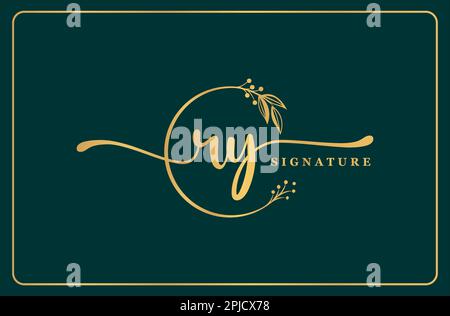 luxury gold signature initial Ry logo design isolated leaf and flower Stock Vector