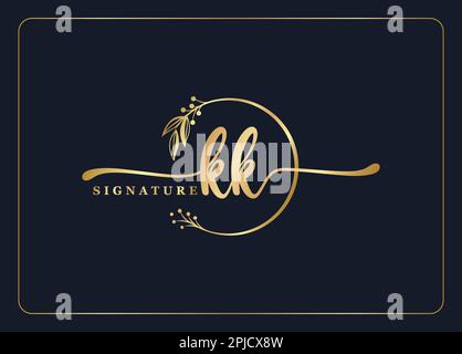 luxury gold signature initial Kk logo design isolated leaf and flower Stock Vector