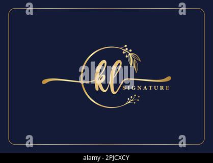 luxury gold signature initial KL logo design isolated leaf and flower Stock Vector