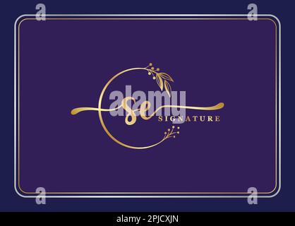 luxury gold signature initial SE logo design isolated leaf and flower Stock Vector