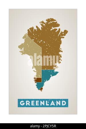 Greenland map. Country poster with regions. Old grunge texture. Shape of Greenland with country name. Attractive vector illustration. Stock Vector
