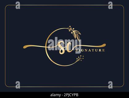 luxury gold signature initial Sc logo design isolated leaf and flower Stock Vector