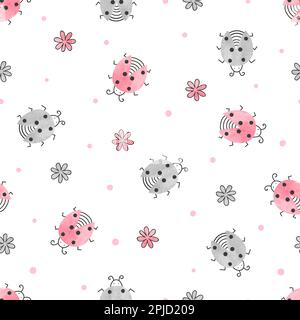 Seamless ladybugs and flowers pattern. Vector background for kids. Stock Vector