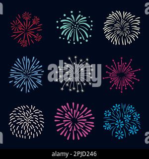 Set of colorful hand drawn fireworks isolated on dark background. Stock Vector