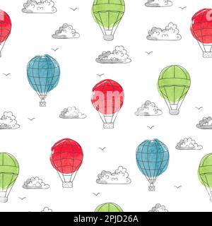 Seamless pattern with sketch flying air balloons. Vector illustration. Stock Vector