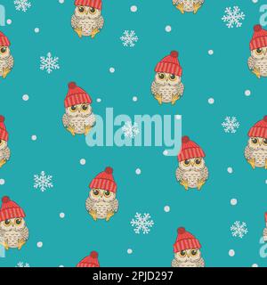 Seamless winter pattern with cute owls and snowflakes. Vector childish background. Stock Vector