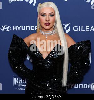 BEVERLY HILLS, LOS ANGELES, CALIFORNIA, USA - MARCH 30: American singer, songwriter, actress and television personality Christina Aguilera wearing Luis De Javier arrives at the 34th Annual GLAAD Media Awards Los Angeles held at The Beverly Hilton Hotel on March 30, 2023 in Beverly Hills, Los Angeles, California, United States. (Photo by Xavier Collin/Image Press Agency) Stock Photo