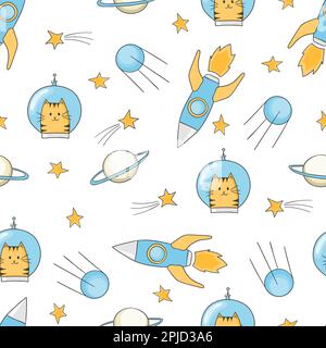 Seamless childish space pattern with cute cats astronauts, rockets, stars, planets. Stock Vector