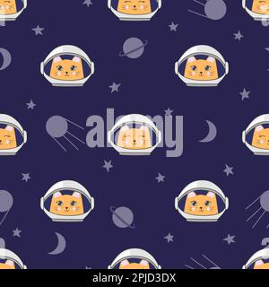 Seamless childish space pattern with cute cats astronauts. Vector background. Stock Vector