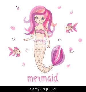 Beautiful little Mermaid. Vector illustration for kids in pink color. Stock Vector