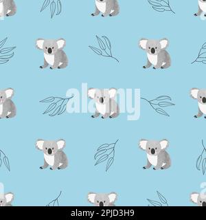 Seamless pattern with cute watercolor koala bears on blue. Vector background Stock Vector