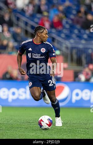 Gillette Stadium. 1st Apr, 2023. Massachusetts, USA; New England Revolution defender DeJuan Jones (24) in an MLS game between the New England Revolution and New York City FC at Gillette Stadium. (c) Burt Granofsky/CSM/Alamy Live News Stock Photo