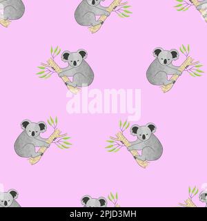 Seamless pattern with cute koala bears on pink. Vector kids background. Stock Vector