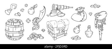 Pirate items set. Treasure chest, rum burrel, sack with coins and other pirate belongings. Sketch vector illustration isolated on white background Stock Vector