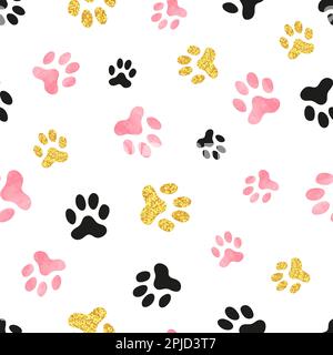 Dog paw print seamless pattern in pink, black and golden colors Stock Vector