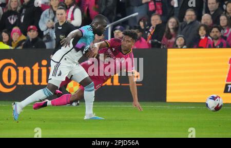 St. Louis, United States. 01st Apr, 2023. Minnesota United Kemar Lawrence (L) upends St. Louis SC Niko Gioacchini in the first half at City Park in St. Louis on Saturday, April 1, 2023. Photo by Bill Greenblatt/UPI Credit: UPI/Alamy Live News Stock Photo