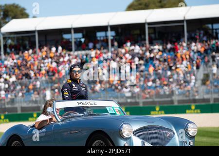 Melbourne, Australia, 2 April, 2023. Sergio Perez (11) driving for Oracle Red Bull Racing during the Driver Parade at The Australian Formula One Grand Prix on April 02, 2023, at The Melbourne Grand Prix Circuit in Albert Park, Australia. Credit: Dave Hewison/Speed Media/Alamy Live News Stock Photo