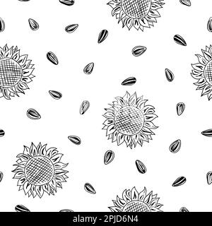 Seamless sunflower pattern with heads and seeds. Vector balck and white illustration. Stock Vector