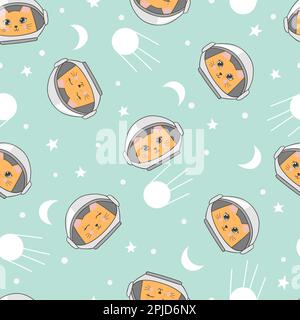 Seamless childish space pattern with cute cats astronauts. Stock Vector