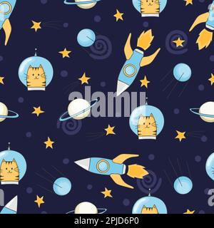 Seamless childish space pattern with cute cats astronauts and rockets on dark Stock Vector