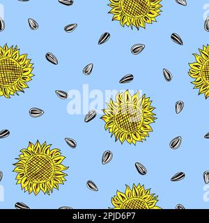 Seamless sunflower pattern with heads and seeds. Stock Vector