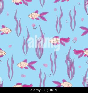 Seamless fish pattern. Underwater vector background. Hand drawn fish, algae, seaweeds. Stock Vector