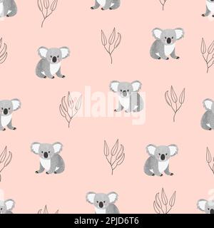 Seamless pattern with cute watercolor koala bears on pink. Vector background Stock Vector