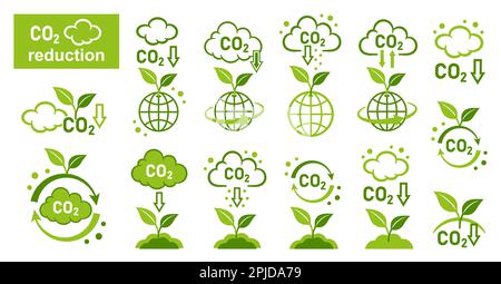 CO2 emission reduction, green plant carbon dioxide recycling, carbonic greenhouse gas reduce icon set. Smoke cloud. Low air ecology pollution. Vector Stock Vector