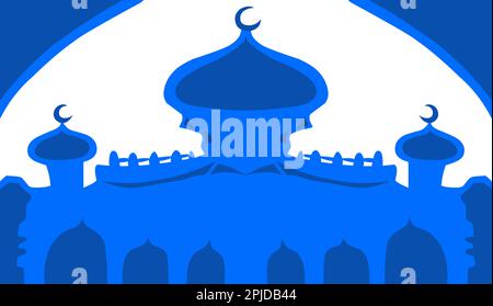 The illustration background with a Ramadan and Eid themed design, has a blue mosque image. This design is perfect for posters, greeting cards, website Stock Vector