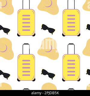 Endless pattern of a travel suitcase, a wide brimmed hat and sunglasses in trendy bright shades. Hello summer. Travelling. International customs day. Suitcase day. Isolate. Design for poster, tag. EPS Stock Vector